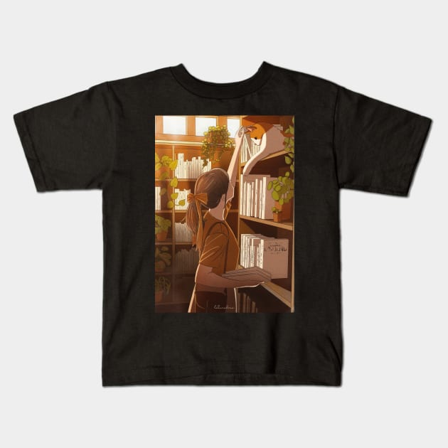 Book Lover Girl with Cat Kids T-Shirt by la'lunadraw